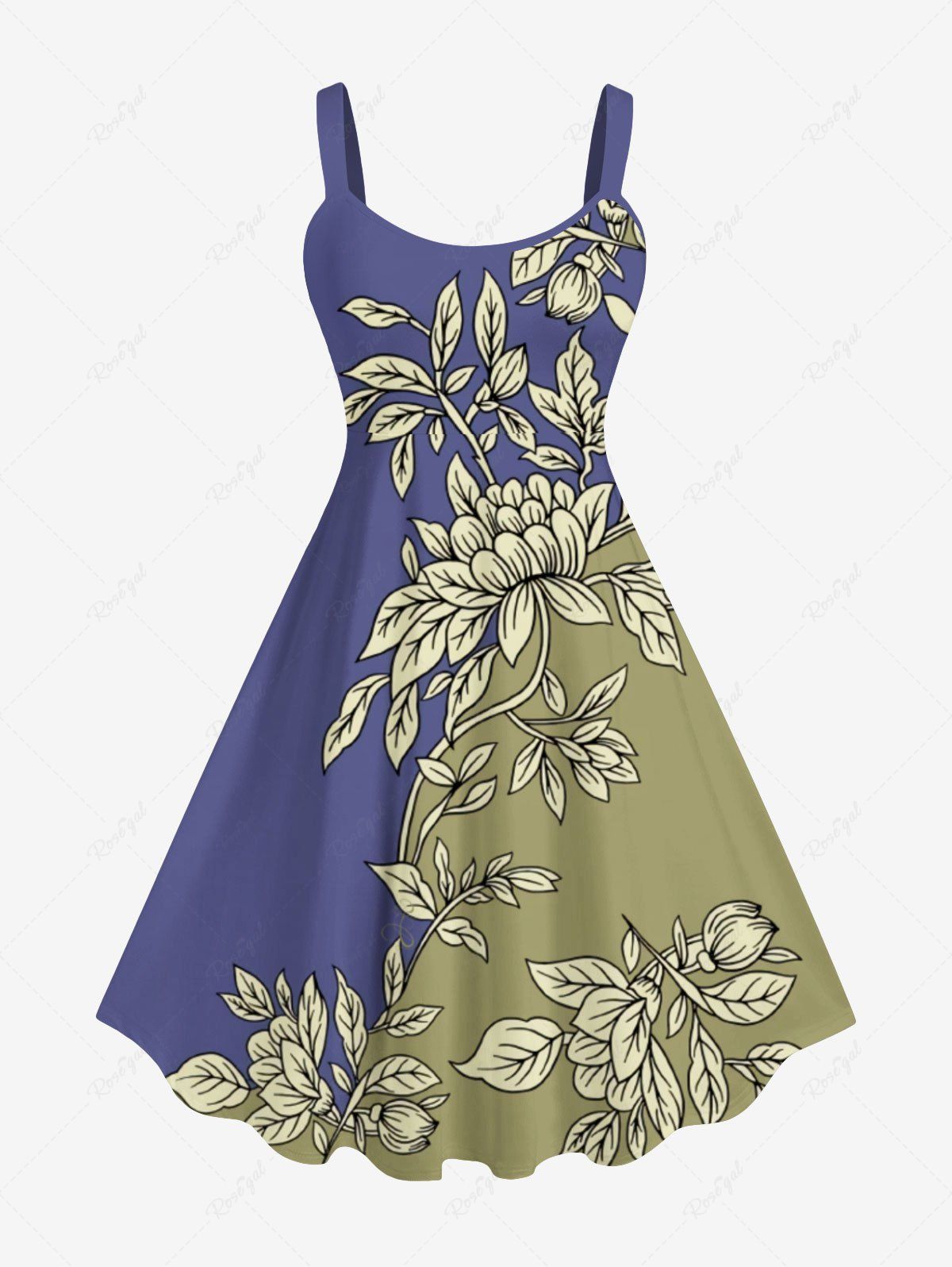 Outfits Plus Size Flower Two Tone Colorblock Print A Line Tank Dress  