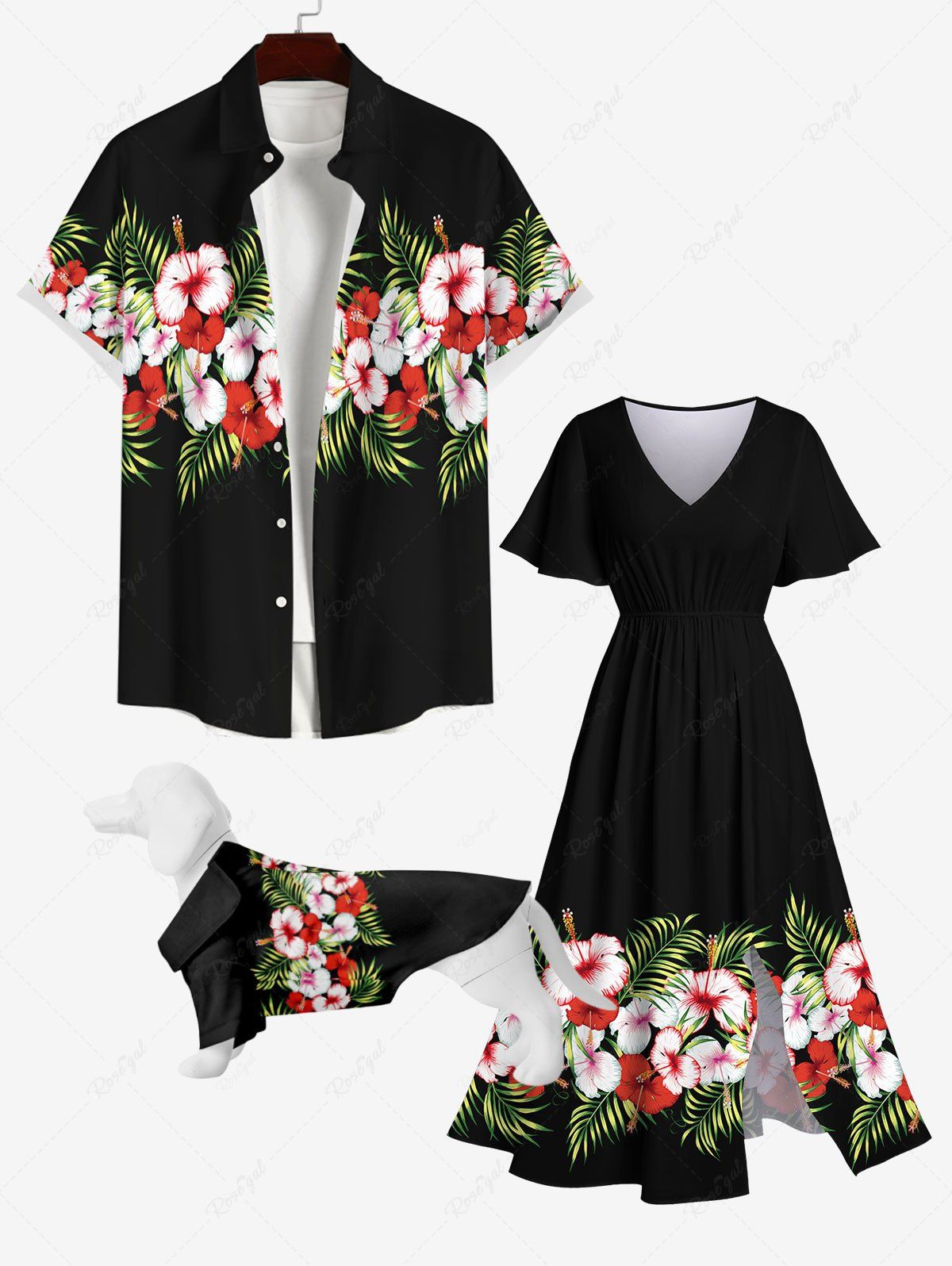 Trendy Tropical Leaf Hibiscus Flowers Print Hawaii Dog and Owner Matching Outfits  
