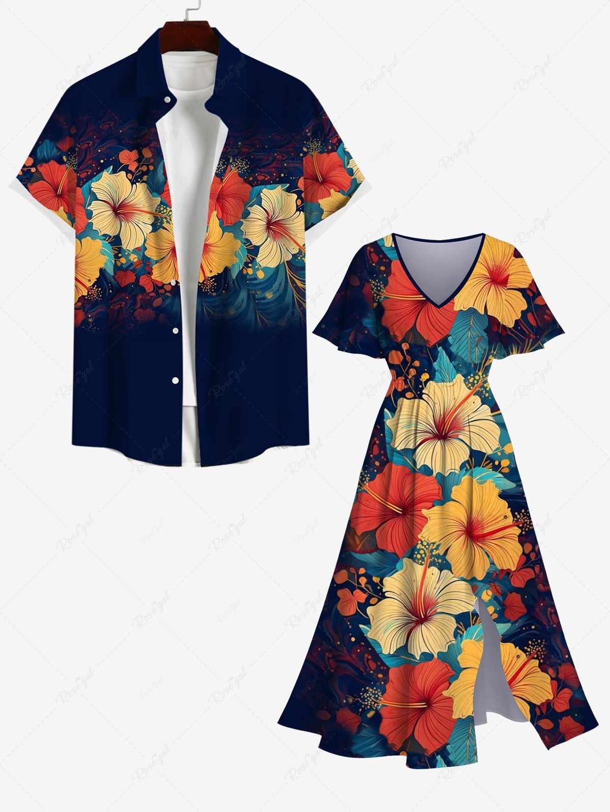 Tropical Hibiscus Flowers Print Plus Size Matching Hawaii Beach Outfit For Couples Bleu de Minuit 