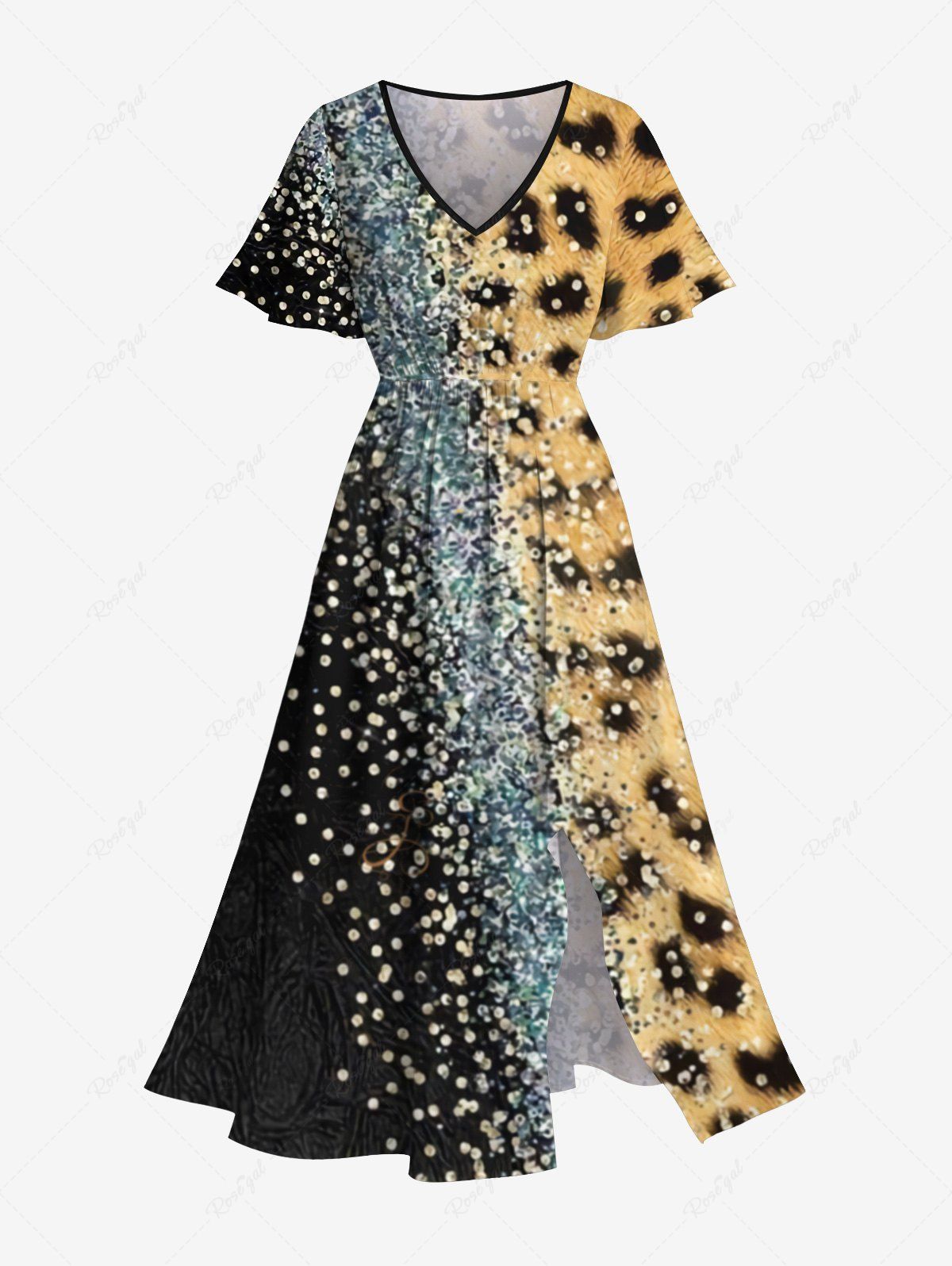 Outfits Plus Size Leopard Colorblock Sparkling Sequin 3D Print Split Midi Dress  