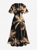 Plus Size Coconut Tree Print Hawaii Split Pocket A Line Midi Dress - Noir S