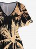 Plus Size Coconut Tree Print Hawaii Split Pocket A Line Midi Dress - Noir S