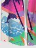 Plus Size Coconut Tree Ombre Sky Sun Dolphin Geometric Beach Print Hawaii Button Pocket Shirt For Men -  