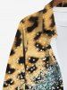 Plus Size Leopard Colorblock Sparkling Sequin 3D Print Buttons Pocket Long Sleeve Shirt For Men -  