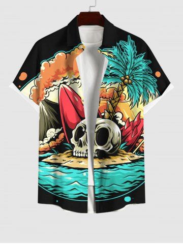 Plus Size Skull Coconut Tree Sea Beach Print Hawaii Button Pocket Shirt For Men - BLACK - 3XL