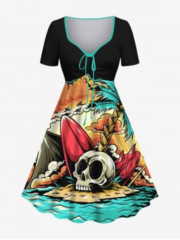 Plus Size Skull Coconut Tree Sea Beach Print Hawaii Cinched A Line Dress - BLACK - M