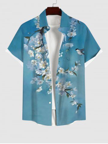 Plus Size Flowers Branch Swallow Print Buttons Pocket Shirt For Men