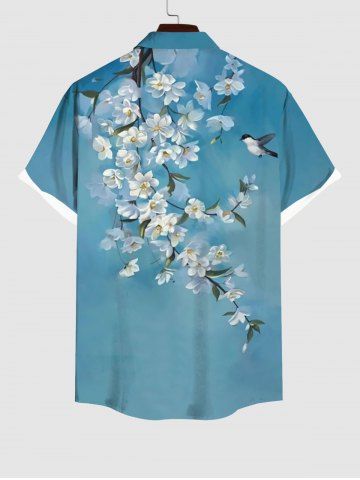 Plus Size Flowers Branch Swallow Print Buttons Pocket Shirt For Men