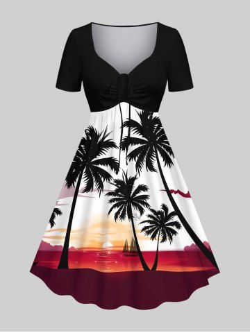 Plus Size Coconut Tree Sunset Sailboat Colorblock Print Hawaii Cinched Dress - MULTI-A - XS