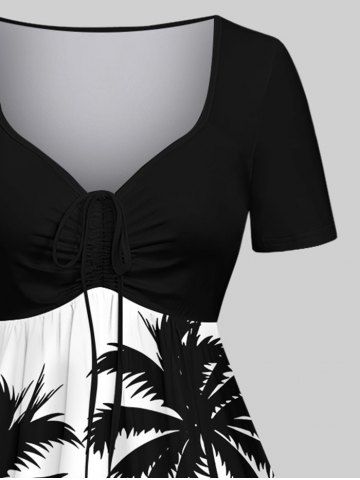 Plus Size Coconut Tree Sunset Sailboat Colorblock Print Hawaii Cinched Dress