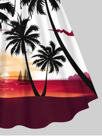 Plus Size Coconut Tree Sunset Sailboat Colorblock Print Hawaii Cinched Dress