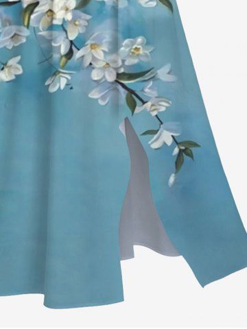 Plus Size Flowers Branch Swallow Print Split Midi Derss