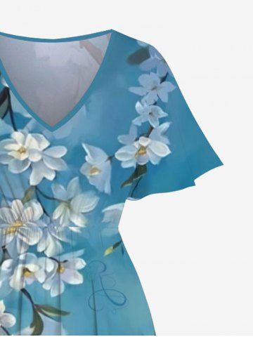 Plus Size Flowers Branch Swallow Print Split Midi Derss