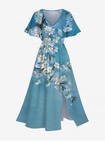 Robe Mi-Longue Fendue Fleur Branche Imprimée de Grande Taille - BLUE - 6X