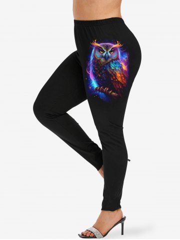 Plus Size Galaxy Colorful Owl Star Glitter 3D Print Leggings - BLACK - S