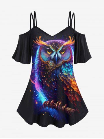 Plus Size Galaxy Colorful Owl Star Glitter 3D Print Cold Shoulder T-shirt - BLACK - XS