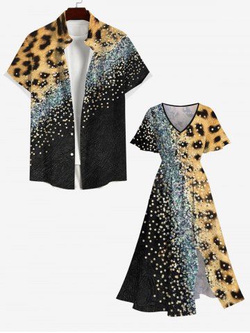 Leopard Colorblock Sparkling Sequin 3D Print Plus Size Matching Outfit For Couples - BLACK