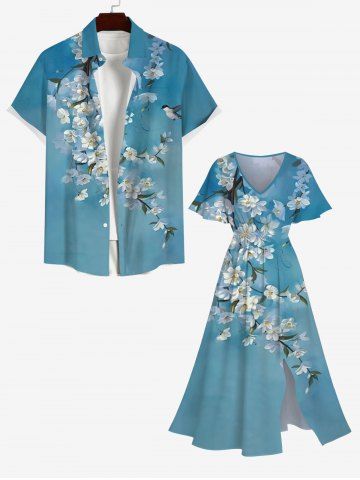 Flowers Branch Swallow Print Plus Size Matching Hawaii Beach Outfit For Couples - BLUE