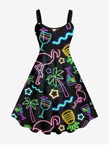 Plus Size Neon Flamingo Coconut Tree Pineapple Stars Juice Print Hawaii A Line Tank Dress - BLACK - S