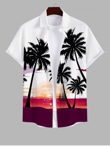 Plus Size Coconut Tree Sunset Sailboat Colorblock Print Buttons Pocket Hawaii Shirt For Men - WHITE - M