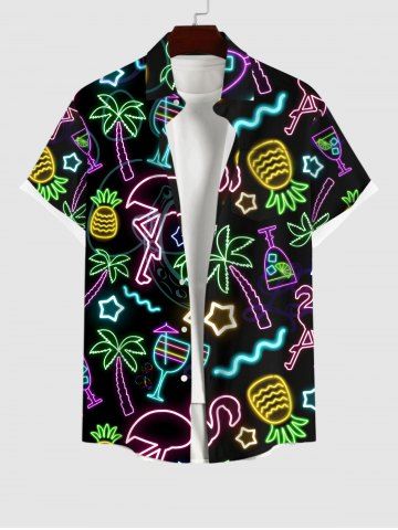 Plus Size Neon Flamingo Coconut Tree Pineapple Stars Juice Print Hawaii Button Pocket Shirt For Men - BLACK - L