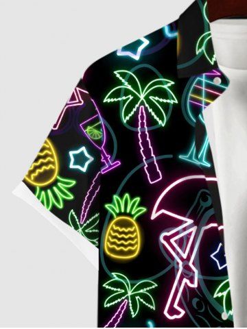 Plus Size Neon Flamingo Coconut Tree Pineapple Stars Juice Print Hawaii Button Pocket Shirt For Men