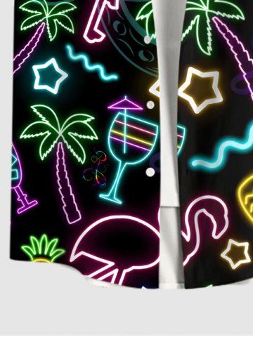 Plus Size Neon Flamingo Coconut Tree Pineapple Stars Juice Print Hawaii Button Pocket Shirt For Men