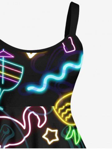 Plus Size Neon Flamingo Coconut Tree Pineapple Stars Juice Print Hawaii A Line Tank Dress