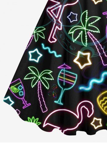 Plus Size Neon Flamingo Coconut Tree Pineapple Stars Juice Print Hawaii A Line Tank Dress