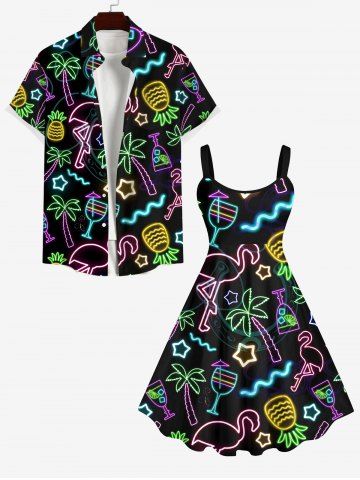 Plus Size Neon Flamingo Coconut Tree Pineapple Stars Juice Print Hawaii A Line Tank Dress