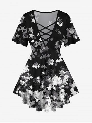 Plus Size Star Sparkling Sequin 3D Print Lattice Crisscross Flare Sleeve T-shirt - BLACK - 1X