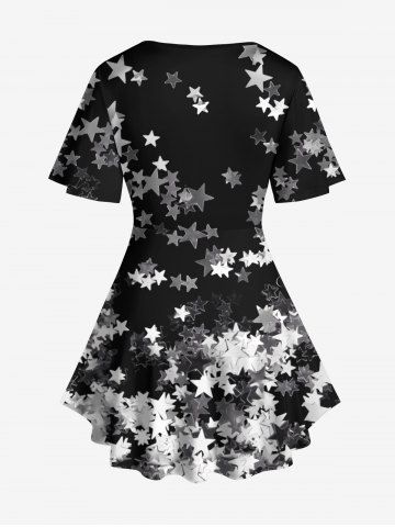 Plus Size Star Sparkling Sequin 3D Print Lattice Crisscross Flare Sleeve T-shirt