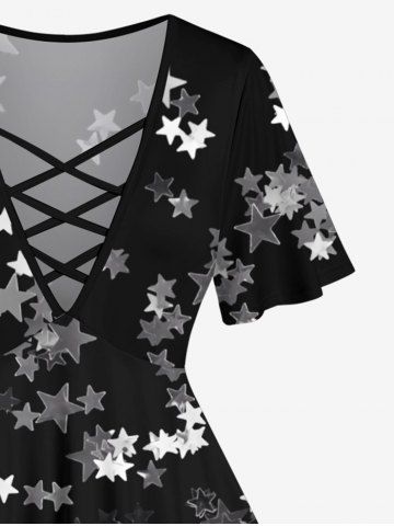 Plus Size Star Sparkling Sequin 3D Print Lattice Crisscross Flare Sleeve T-shirt
