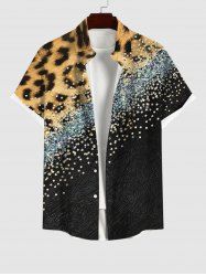 Plus Size Leopard Colorblock Sparkling Sequin 3D Print Buttons Pocket Shirt For Men -  