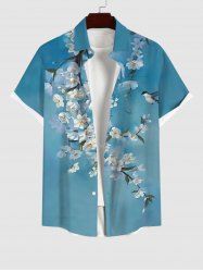 Plus Size Flowers Branch Swallow Print Buttons Pocket Shirt For Men -  