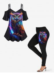 Galaxy Colorful Owl Star Glitter 3D Print Plus Size Matching Set -  