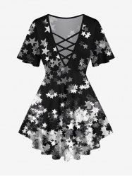 Plus Size Star Sparkling Sequin 3D Print Lattice Crisscross Flare Sleeve T-shirt -  