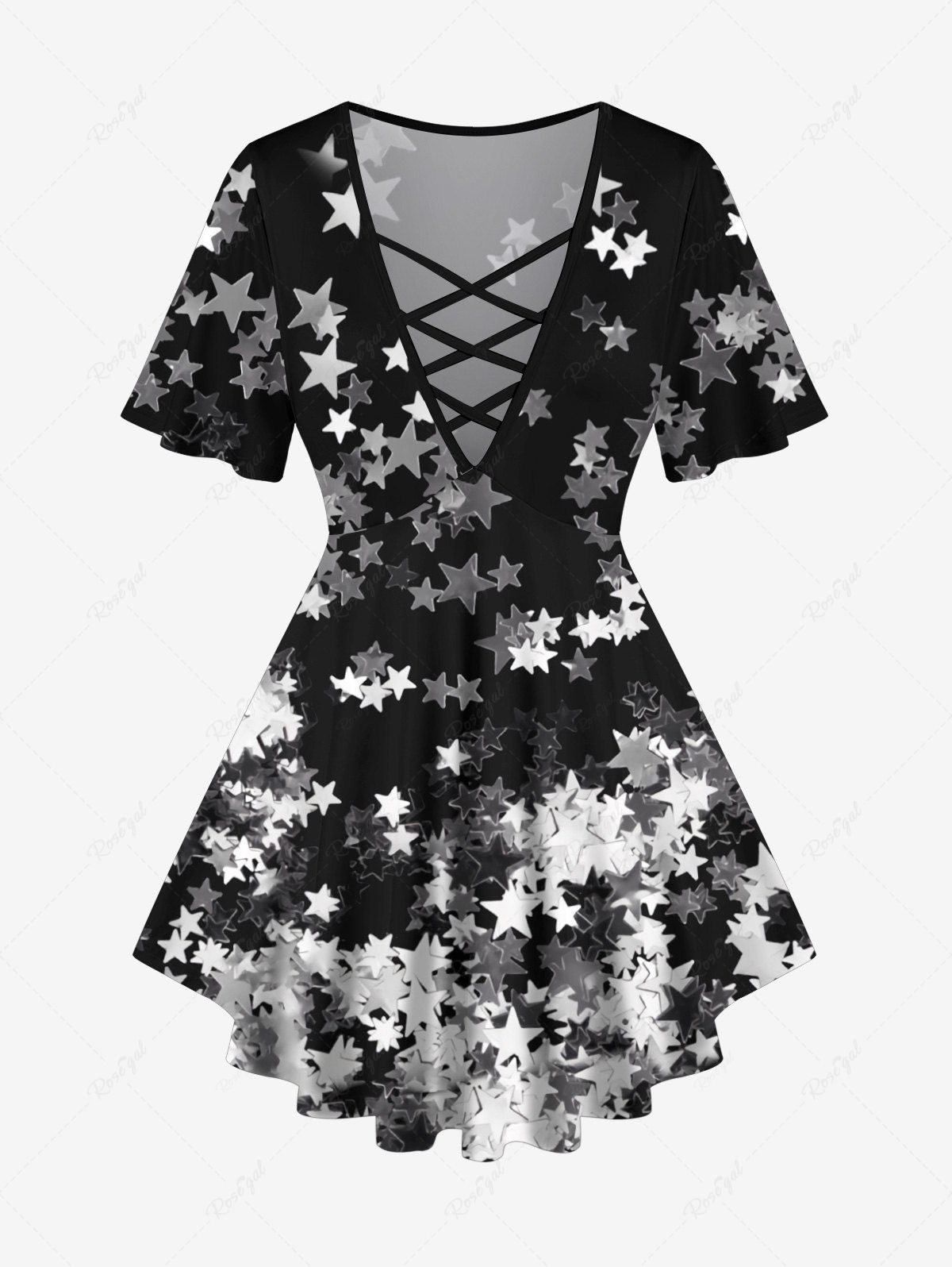 Outfit Plus Size Star Sparkling Sequin 3D Print Lattice Crisscross Flare Sleeve T-shirt  