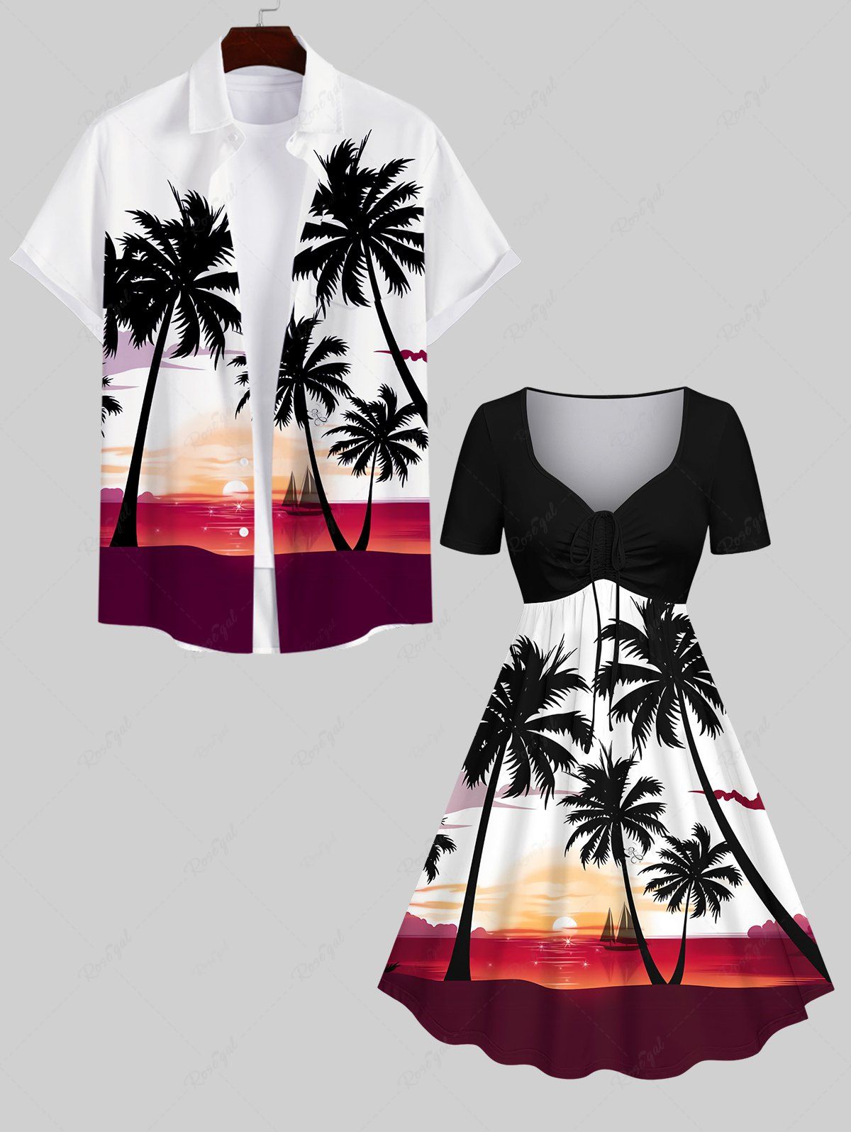 Trendy Coconut Tree Sunset Sailboat Colorblock Print Plus Size Matching Hawaii Beach Outfit For Couples  