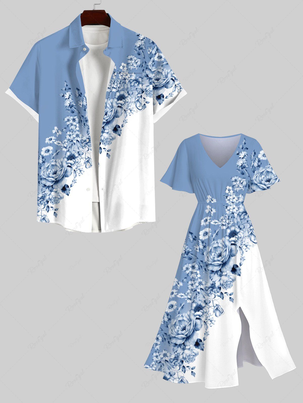 Trendy Flower Leaf Colorblock Print Plus Size Matching Hawaii Beach Outfit For Couples  