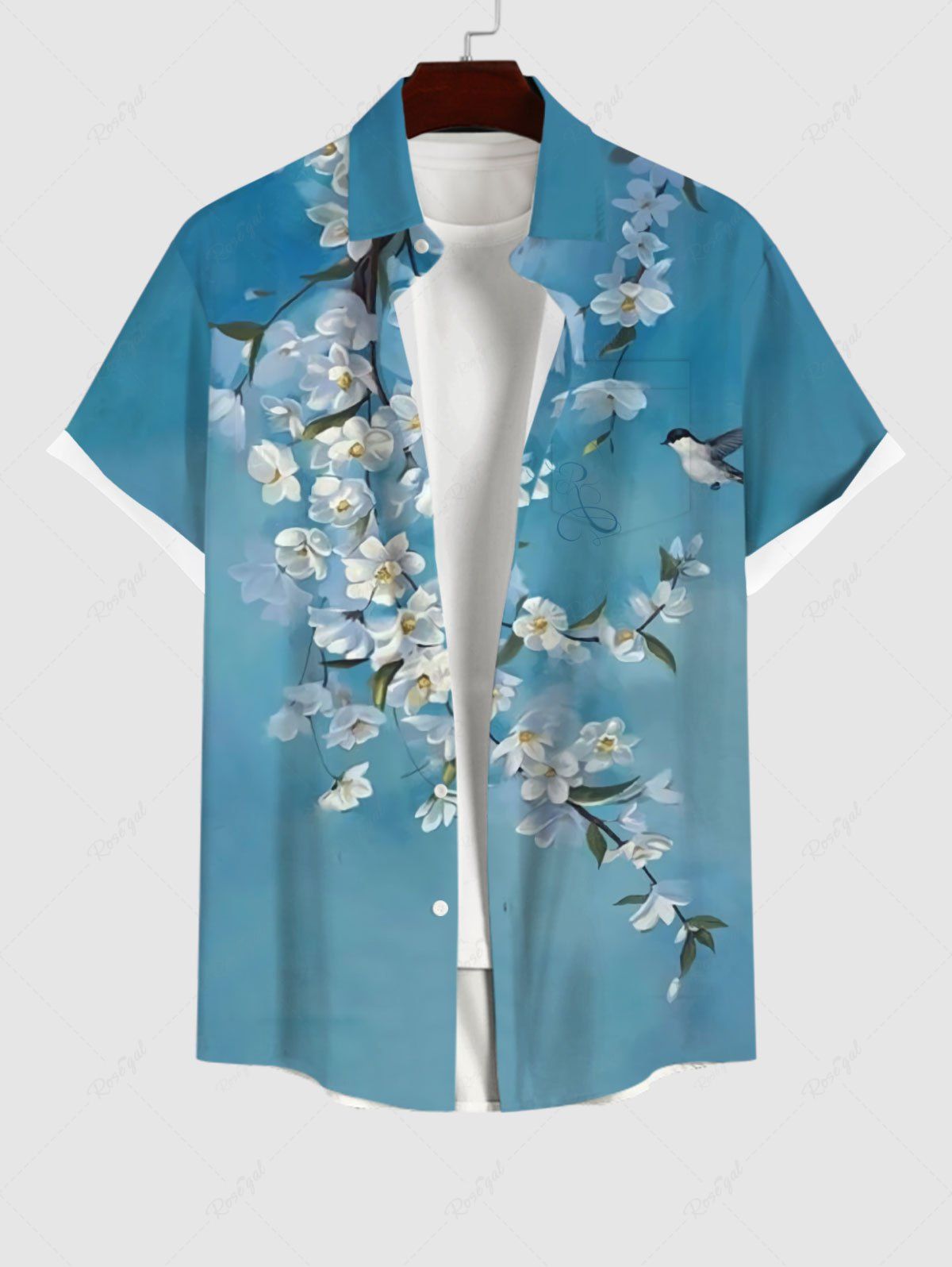 New Plus Size Flowers Branch Swallow Print Buttons Pocket Shirt For Men  
