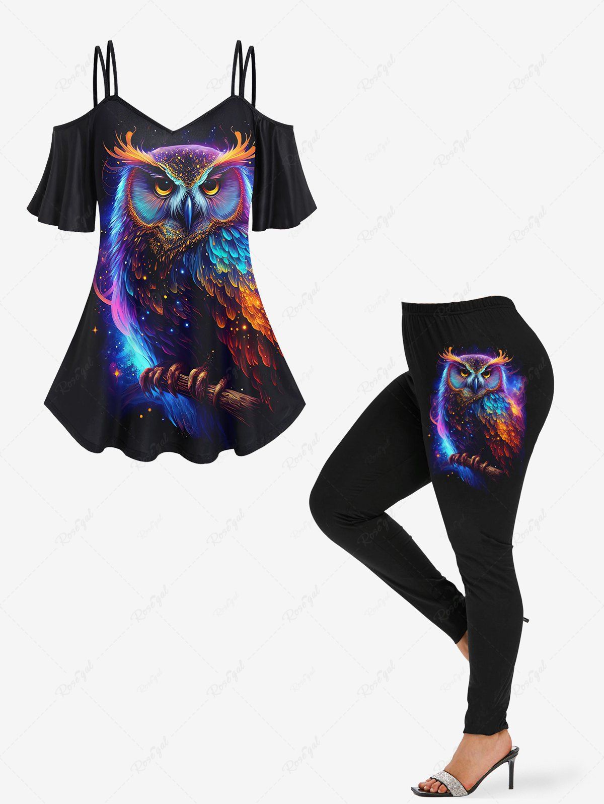 Outfits Galaxy Colorful Owl Star Glitter 3D Print Plus Size Matching Set  