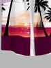 Plus Size Coconut Tree Sunset Sailboat Colorblock Print Buttons Pocket Hawaii Shirt For Men -  