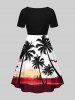 Plus Size Coconut Tree Sunset Sailboat Colorblock Print Hawaii Cinched Dress -  