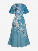 Plus Size Flowers Branch Swallow Print Split Midi Derss -  