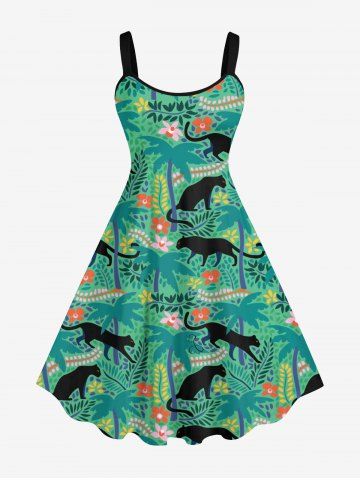 Plus Size Tropical Leaf Flower Coconut Tree Leopard Print Hawaii Tank Dress - GREEN - 6X