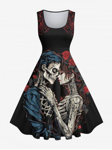 Plus Size Skeleton Lovers Rose Flower Print Vintage Swing A Line Dress - BLACK - 1X