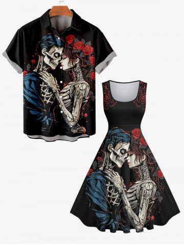 Plus Size Skeleton Lovers Rose Flower Print Vintage Swing A Line Dress