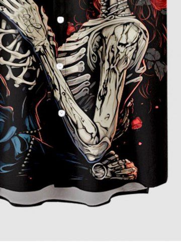 Plus Size Skeleton Lovers Rose Flower Print Button Pocket Shirt For Men