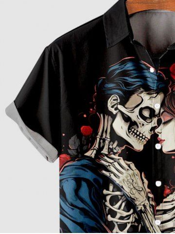 Plus Size Skeleton Lovers Rose Flower Print Button Pocket Shirt For Men